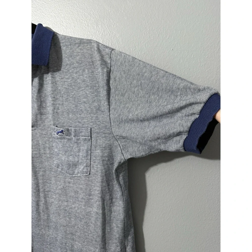 Vtg Men Polo Shirt XL Tall‎ Blue Striped Logo Le Chat USA 80s Preppy Old Money